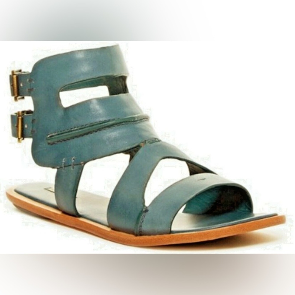 $258 Leon Max JACK Peacock Blue Leather Ankle Strap Gladiator Sandals Shoes 6.5